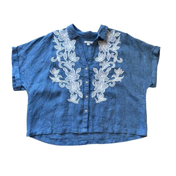 Chico's 100% blue linen emroidered applique lace, dolman sleeves, size 14 - Picture 1 of 7